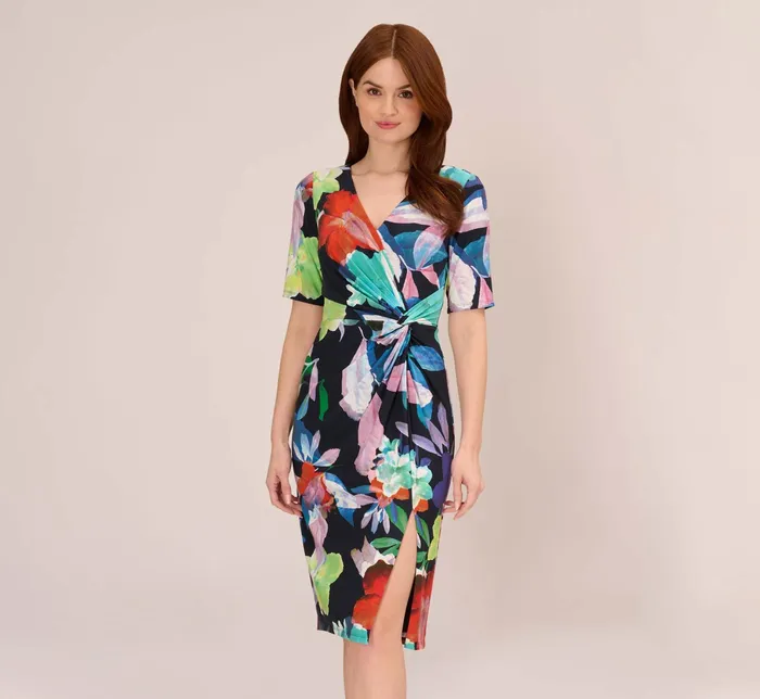 Adrianna Papell Floral Knotted Sheath Dress With ElbowLength Sleeves In Dark Navy Multi Dark Navy Multi Women Floral Dresses Adrianna Papell Floral Knotted Sheath Dress With ElbowLength Sleeves In Dark Navy Multi Dark Navy Multi Women Floral Dresses