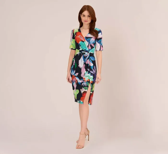 Adrianna Papell Floral Knotted Sheath Dress With ElbowLength Sleeves In Dark Navy Multi Dark Navy Multi Women Floral Dresses Adrianna Papell Floral Knotted Sheath Dress With ElbowLength Sleeves In Dark Navy Multi Dark Navy Multi Women Floral Dresses
