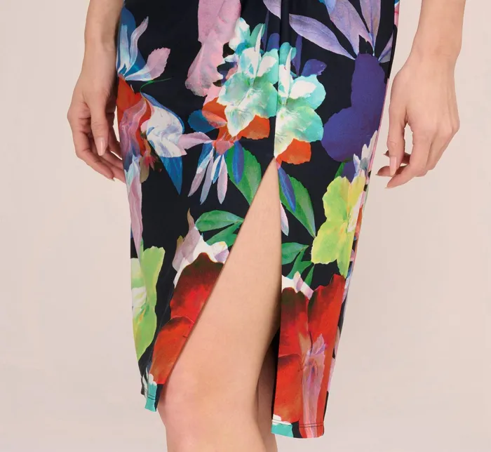 Adrianna Papell Floral Knotted Sheath Dress With ElbowLength Sleeves In Dark Navy Multi Dark Navy Multi Women Floral Dresses Adrianna Papell Floral Knotted Sheath Dress With ElbowLength Sleeves In Dark Navy Multi Dark Navy Multi Women Floral Dresses