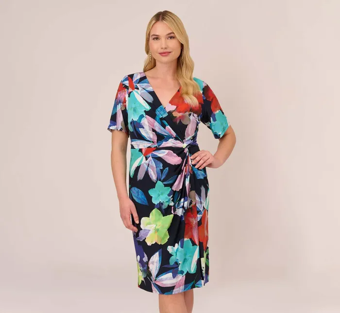 Adrianna Papell Floral Knotted Sheath Dress With ElbowLength Sleeves In Dark Navy Multi Dark Navy Multi Women Floral Dresses Adrianna Papell Floral Knotted Sheath Dress With ElbowLength Sleeves In Dark Navy Multi Dark Navy Multi Women Floral Dresses
