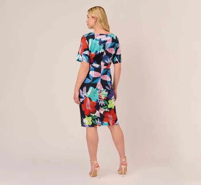 Adrianna Papell Floral Knotted Sheath Dress With ElbowLength Sleeves In Dark Navy Multi Dark Navy Multi Women Floral Dresses Adrianna Papell Floral Knotted Sheath Dress With ElbowLength Sleeves In Dark Navy Multi Dark Navy Multi Women Floral Dresses