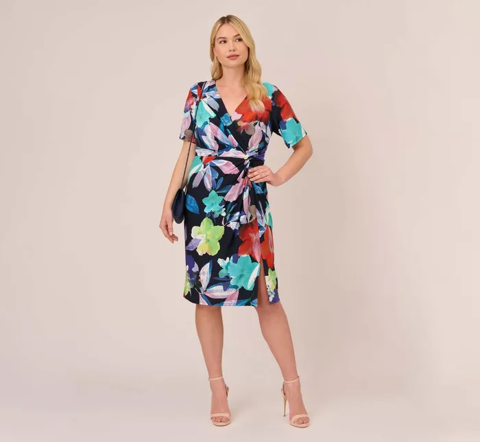 Adrianna Papell Floral Knotted Sheath Dress With ElbowLength Sleeves In Dark Navy Multi Dark Navy Multi Women Floral Dresses Adrianna Papell Floral Knotted Sheath Dress With ElbowLength Sleeves In Dark Navy Multi Dark Navy Multi Women Floral Dresses