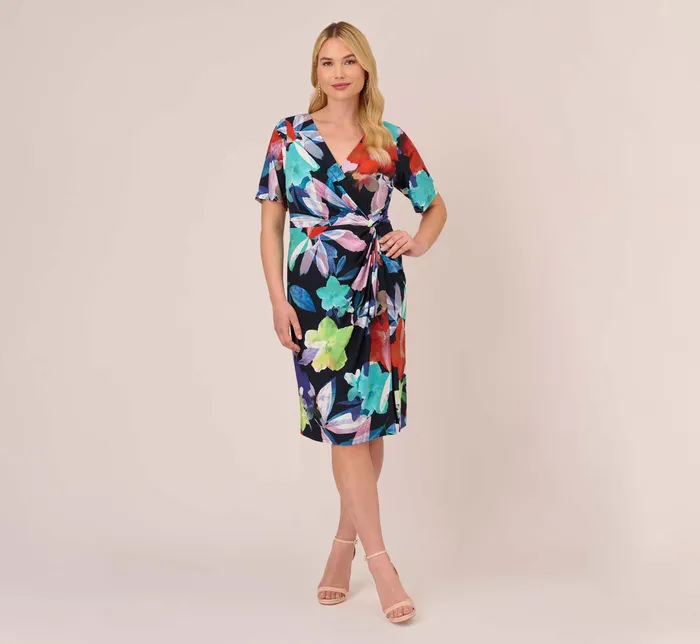 Adrianna Papell Floral Knotted Sheath Dress With ElbowLength Sleeves In Dark Navy Multi Dark Navy Multi Women Floral Dresses Adrianna Papell Floral Knotted Sheath Dress With ElbowLength Sleeves In Dark Navy Multi Dark Navy Multi Women Floral Dresses