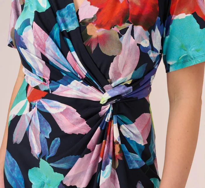 Adrianna Papell Floral Knotted Sheath Dress With ElbowLength Sleeves In Dark Navy Multi Dark Navy Multi Women Floral Dresses Adrianna Papell Floral Knotted Sheath Dress With ElbowLength Sleeves In Dark Navy Multi Dark Navy Multi Women Floral Dresses
