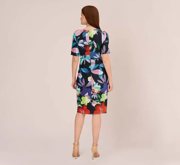 Adrianna Papell Floral Knotted Sheath Dress With ElbowLength Sleeves In Dark Navy Multi Dark Navy Multi Women Floral Dresses Adrianna Papell Floral Knotted Sheath Dress With ElbowLength Sleeves In Dark Navy Multi Dark Navy Multi Women Floral Dresses
