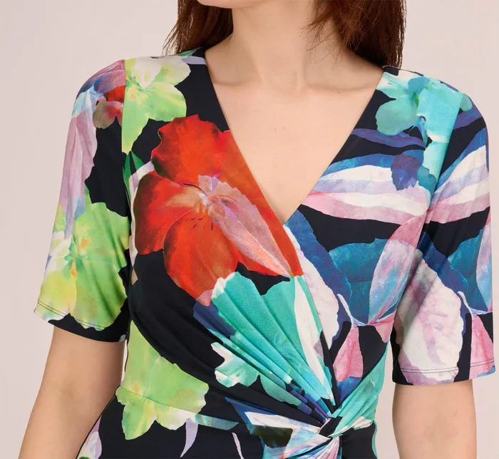 Adrianna Papell Floral Knotted Sheath Dress With ElbowLength Sleeves In Dark Navy Multi Dark Navy Multi Women Floral Dresses Adrianna Papell Floral Knotted Sheath Dress With ElbowLength Sleeves In Dark Navy Multi Dark Navy Multi Women Floral Dresses