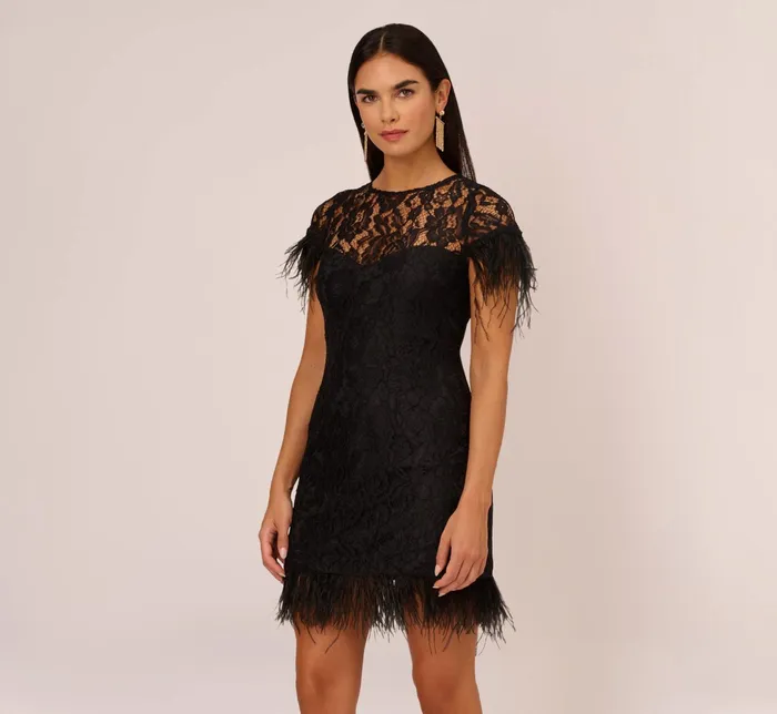 Adrianna Papell Floral Lace And Feather Trimmed Short Sheath Cocktail Dress In Black Black Women Short Dresses Adrianna Papell Floral Lace And Feather Trimmed Short Sheath Cocktail Dress In Black Black Women Short Dresses