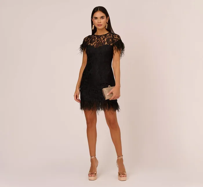 Adrianna Papell Floral Lace And Feather Trimmed Short Sheath Cocktail Dress In Black Black Women Short Dresses Adrianna Papell Floral Lace And Feather Trimmed Short Sheath Cocktail Dress In Black Black Women Short Dresses