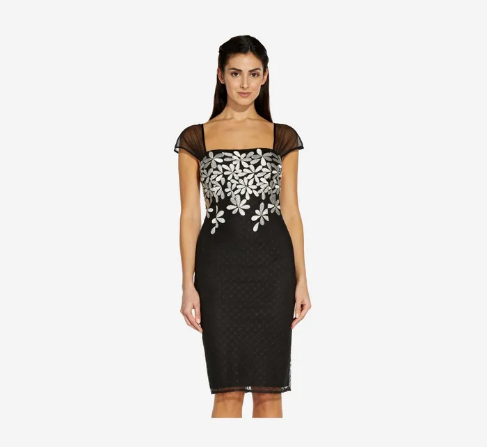 Adrianna Papell Floral Lattice Embroidered Short Sheath Dress In Black Ivory BlackIvory Women Floral Dresses Adrianna Papell Floral Lattice Embroidered Short Sheath Dress In Black Ivory BlackIvory Women Floral Dresses