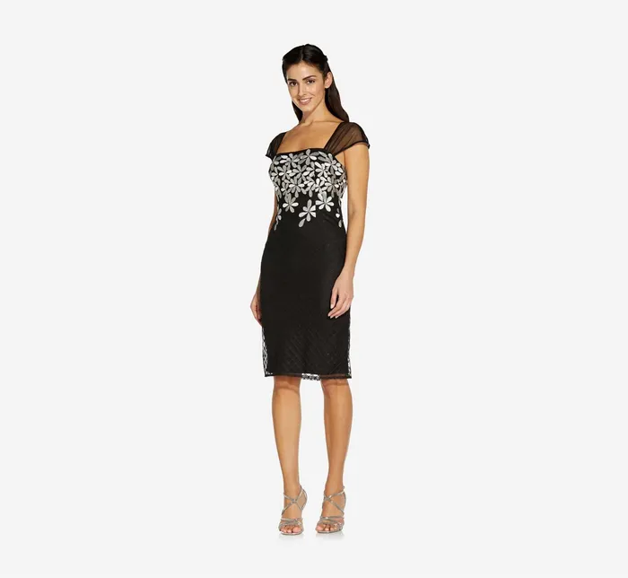 Adrianna Papell Floral Lattice Embroidered Short Sheath Dress In Black Ivory BlackIvory Women Floral Dresses Adrianna Papell Floral Lattice Embroidered Short Sheath Dress In Black Ivory BlackIvory Women Floral Dresses
