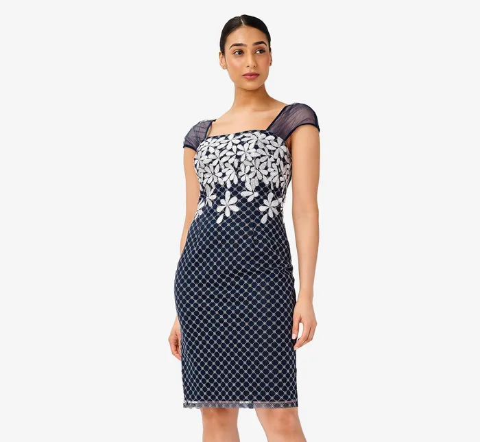 Adrianna Papell Floral Lattice Embroidered Short Sheath Dress In Navy Ivory NavyIvory Women Floral Dresses Adrianna Papell Floral Lattice Embroidered Short Sheath Dress In Navy Ivory NavyIvory Women Floral Dresses