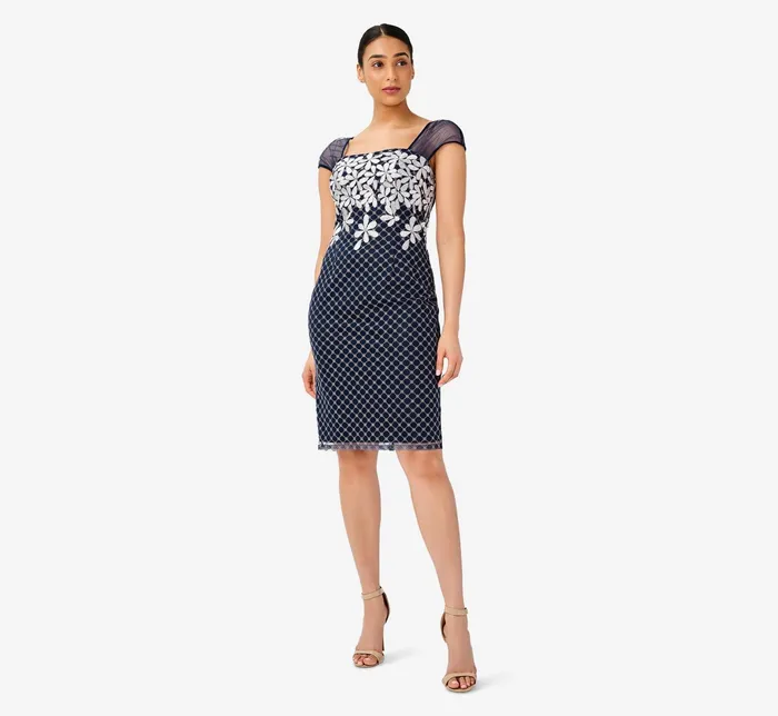 Adrianna Papell Floral Lattice Embroidered Short Sheath Dress In Navy Ivory NavyIvory Women Floral Dresses Adrianna Papell Floral Lattice Embroidered Short Sheath Dress In Navy Ivory NavyIvory Women Floral Dresses