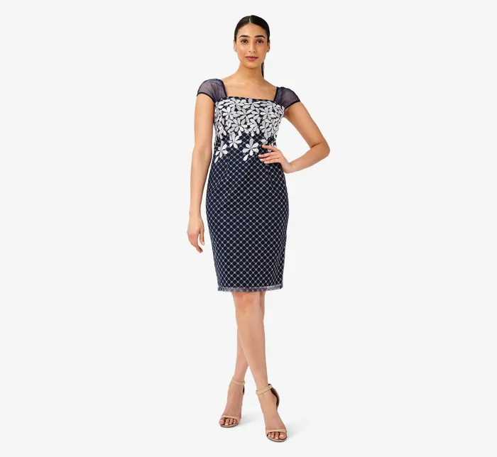 Adrianna Papell Floral Lattice Embroidered Short Sheath Dress In Navy Ivory NavyIvory Women Floral Dresses Adrianna Papell Floral Lattice Embroidered Short Sheath Dress In Navy Ivory NavyIvory Women Floral Dresses