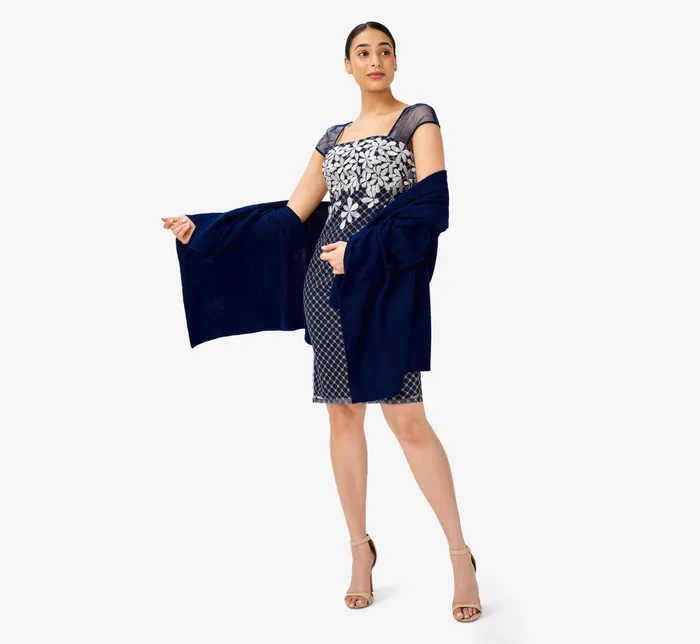 Adrianna Papell Floral Lattice Embroidered Short Sheath Dress In Navy Ivory NavyIvory Women Floral Dresses Adrianna Papell Floral Lattice Embroidered Short Sheath Dress In Navy Ivory NavyIvory Women Floral Dresses