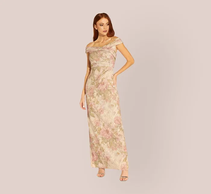 Adrianna Papell Floral OffTheShoulder Matelasse Column Gown In Rose Multi Rose Multi Women Long Dresses Adrianna Papell Floral OffTheShoulder Matelasse Column Gown In Rose Multi Rose Multi Women Long Dresses