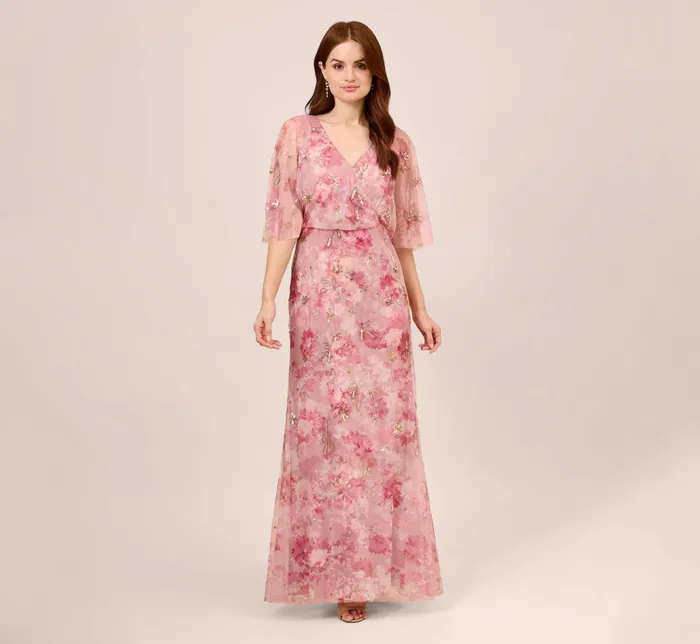 Adrianna Papell FloralPrint And HandBeaded Mesh Long Gown In Blush Multi Blush Multi Women Long Dresses Adrianna Papell FloralPrint And HandBeaded Mesh Long Gown In Blush Multi Blush Multi Women Long Dresses
