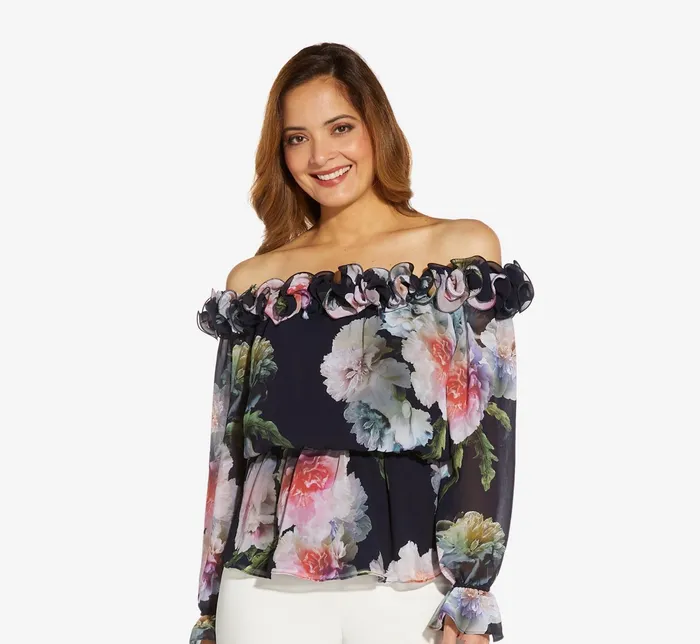 Adrianna Papell FloralPrint Chiffon Blouson Blouse In Midnight Multi Midnight Multi Women Floral Dresses Adrianna Papell FloralPrint Chiffon Blouson Blouse In Midnight Multi Midnight Multi Women Floral Dresses