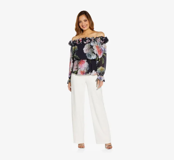 Adrianna Papell FloralPrint Chiffon Blouson Blouse In Midnight Multi Midnight Multi Women Floral Dresses Adrianna Papell FloralPrint Chiffon Blouson Blouse In Midnight Multi Midnight Multi Women Floral Dresses