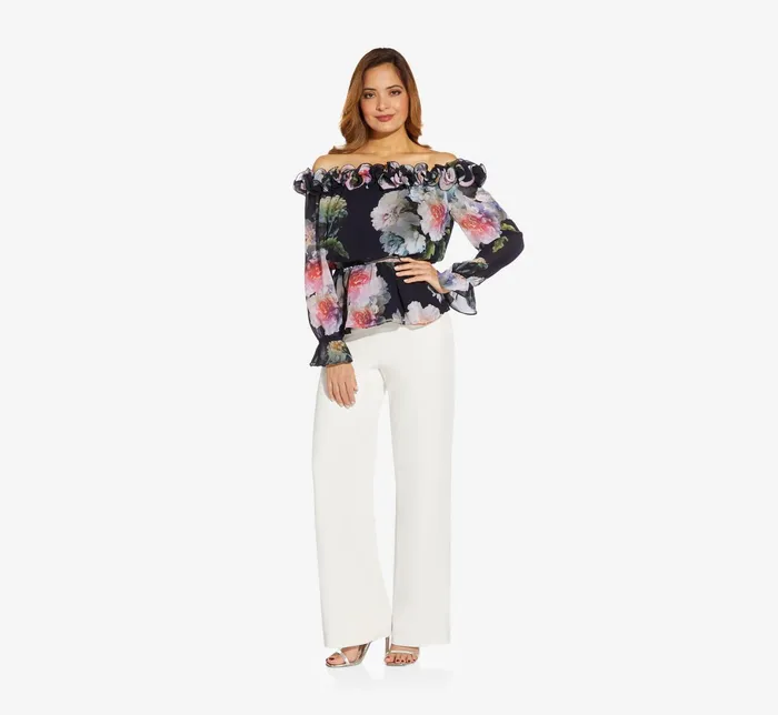 Adrianna Papell FloralPrint Chiffon Blouson Blouse In Midnight Multi Midnight Multi Women Floral Dresses Adrianna Papell FloralPrint Chiffon Blouson Blouse In Midnight Multi Midnight Multi Women Floral Dresses