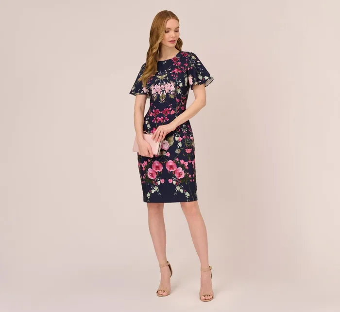 Adrianna Papell FloralPrint Crepe MidiLength Sheath Dress In Navy Multi Navy Multi Women Floral Dresses Adrianna Papell FloralPrint Crepe MidiLength Sheath Dress In Navy Multi Navy Multi Women Floral Dresses