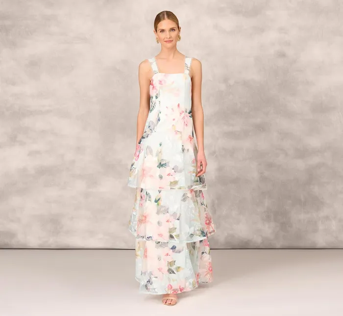 Adrianna Papell Floral Print Embroidered Long ALine Gown In Blue Multi Blue Multi Women Long Dresses Adrianna Papell Floral Print Embroidered Long ALine Gown In Blue Multi Blue Multi Women Long Dresses