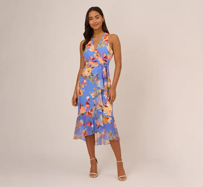 Adrianna Papell Floral Print Faux Wrap Halter Dress With Ruffle Details In Peri Multi Peri Multi Women Floral Adrianna Papell Floral Print Faux Wrap Halter Dress With Ruffle Details In Peri Multi Peri Multi Women Floral