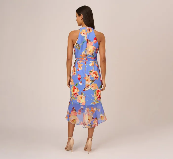 Adrianna Papell Floral Print Faux Wrap Halter Dress With Ruffle Details In Peri Multi Peri Multi Women Floral Adrianna Papell Floral Print Faux Wrap Halter Dress With Ruffle Details In Peri Multi Peri Multi Women Floral