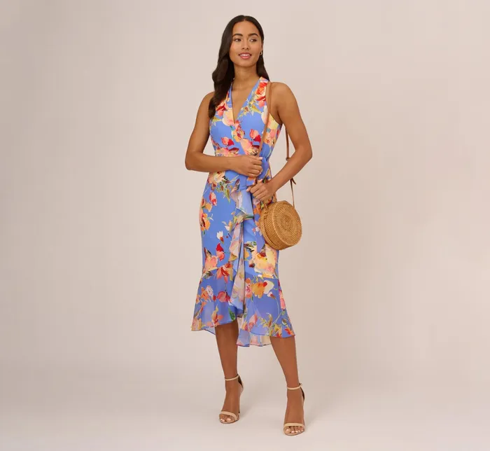 Adrianna Papell Floral Print Faux Wrap Halter Dress With Ruffle Details In Peri Multi Peri Multi Women Floral Adrianna Papell Floral Print Faux Wrap Halter Dress With Ruffle Details In Peri Multi Peri Multi Women Floral