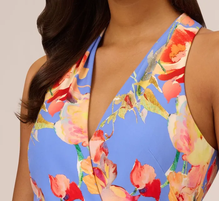 Adrianna Papell Floral Print Faux Wrap Halter Dress With Ruffle Details In Peri Multi Peri Multi Women Floral Adrianna Papell Floral Print Faux Wrap Halter Dress With Ruffle Details In Peri Multi Peri Multi Women Floral
