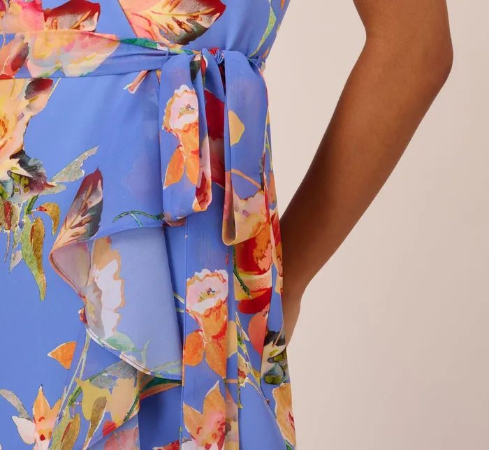 Adrianna Papell Floral Print Faux Wrap Halter Dress With Ruffle Details In Peri Multi Peri Multi Women Floral Adrianna Papell Floral Print Faux Wrap Halter Dress With Ruffle Details In Peri Multi Peri Multi Women Floral