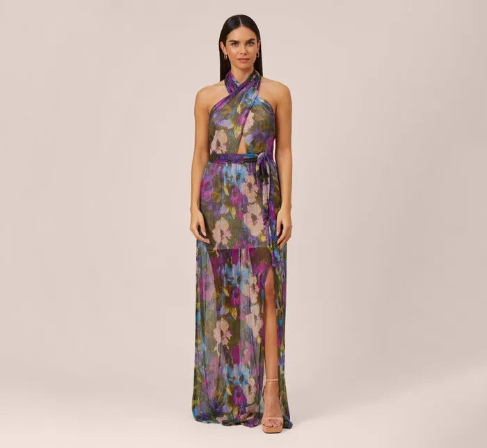 Adrianna Papell FloralPrint Metallic Crinkled Mesh Long Halter Tiered Dress In Magenta Magenta Women Long Dresses Adrianna Papell FloralPrint Metallic Crinkled Mesh Long Halter Tiered Dress In Magenta Magenta Women Long Dresses