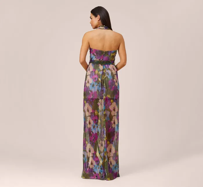 Adrianna Papell FloralPrint Metallic Crinkled Mesh Long Halter Tiered Dress In Magenta Magenta Women Long Dresses Adrianna Papell FloralPrint Metallic Crinkled Mesh Long Halter Tiered Dress In Magenta Magenta Women Long Dresses