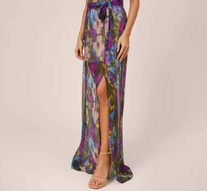 Adrianna Papell FloralPrint Metallic Crinkled Mesh Long Halter Tiered Dress In Magenta Magenta Women Long Dresses Adrianna Papell FloralPrint Metallic Crinkled Mesh Long Halter Tiered Dress In Magenta Magenta Women Long Dresses