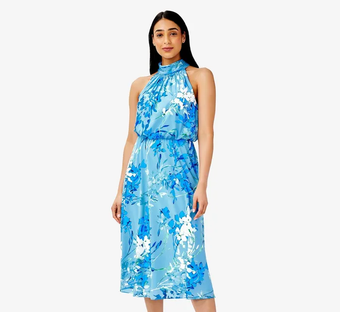 Adrianna Papell FloralPrint Mock Neck MidiLength Chiffon Blouson Halter Dress In Peri Multi Peri Multi Women Floral Dresses Adrianna Papell FloralPrint Mock Neck MidiLength Chiffon Blouson Halter Dress In Peri Multi Peri Multi Women Floral Dresses