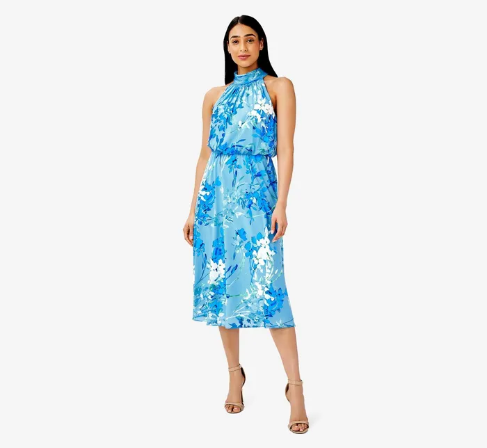 Adrianna Papell FloralPrint Mock Neck MidiLength Chiffon Blouson Halter Dress In Peri Multi Peri Multi Women Floral Dresses Adrianna Papell FloralPrint Mock Neck MidiLength Chiffon Blouson Halter Dress In Peri Multi Peri Multi Women Floral Dresses