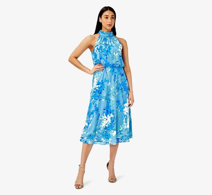 Adrianna Papell FloralPrint Mock Neck MidiLength Chiffon Blouson Halter Dress In Peri Multi Peri Multi Women Floral Dresses Adrianna Papell FloralPrint Mock Neck MidiLength Chiffon Blouson Halter Dress In Peri Multi Peri Multi Women Floral Dresses