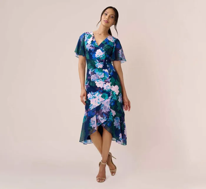 Adrianna Papell FloralPrint Stretch Twill And Chiffon Short Dress With Flounce Hem In Navy Multi Navy Multi Women Floral Dresses Adrianna Papell FloralPrint Stretch Twill And Chiffon Short Dress With Flounce Hem In Navy Multi Navy Multi Women Floral Dresses