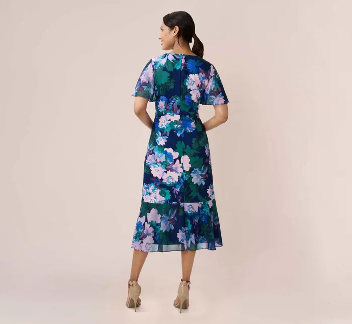 Adrianna Papell FloralPrint Stretch Twill And Chiffon Short Dress With Flounce Hem In Navy Multi Navy Multi Women Floral Dresses Adrianna Papell FloralPrint Stretch Twill And Chiffon Short Dress With Flounce Hem In Navy Multi Navy Multi Women Floral Dresses