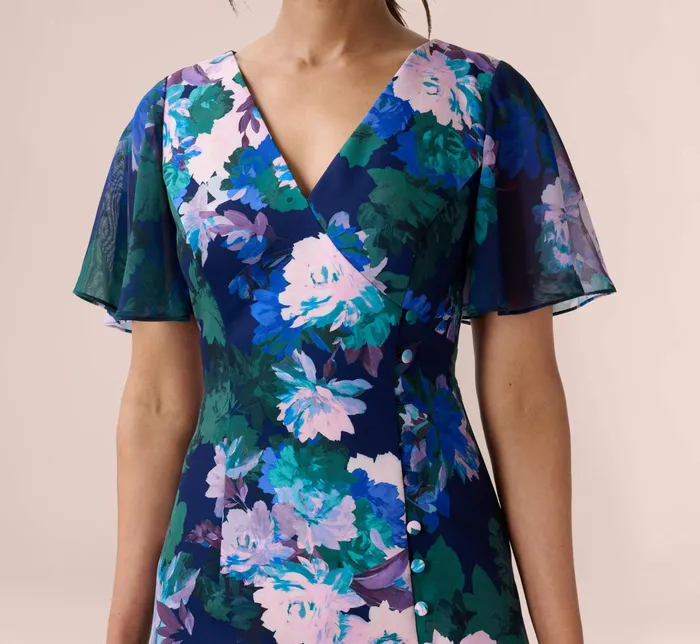 Adrianna Papell FloralPrint Stretch Twill And Chiffon Short Dress With Flounce Hem In Navy Multi Navy Multi Women Floral Dresses Adrianna Papell FloralPrint Stretch Twill And Chiffon Short Dress With Flounce Hem In Navy Multi Navy Multi Women Floral Dresses