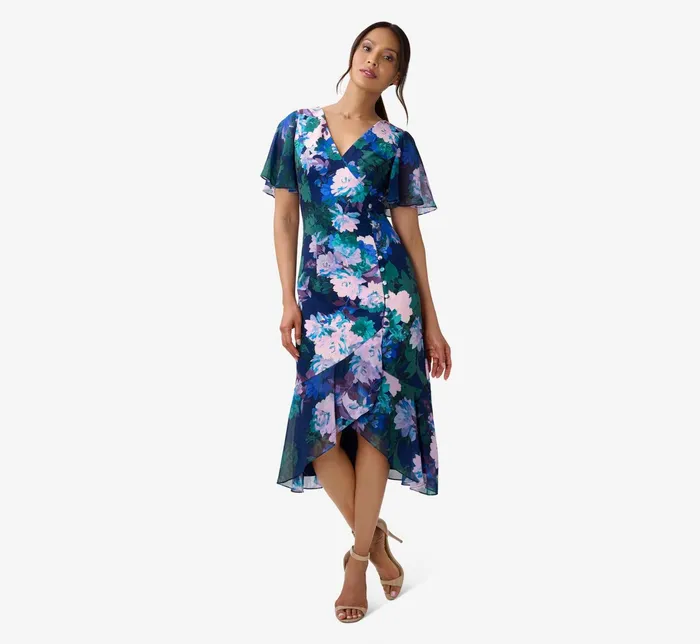 Adrianna Papell FloralPrint Stretch Twill And Chiffon Short Dress With Flounce Hem In Navy Multi Navy Multi Women Floral Dresses Adrianna Papell FloralPrint Stretch Twill And Chiffon Short Dress With Flounce Hem In Navy Multi Navy Multi Women Floral Dresses