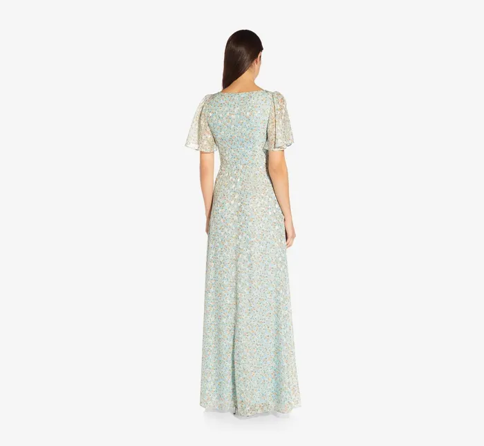 Adrianna Papell FloralPrint TieFront FitAndFlare Chiffon Long Gown In Skyway Skyway Women Floral Dresses Adrianna Papell FloralPrint TieFront FitAndFlare Chiffon Long Gown In Skyway Skyway Women Floral Dresses