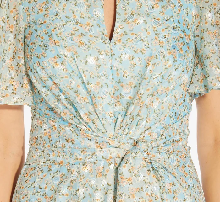 Adrianna Papell FloralPrint TieFront FitAndFlare Chiffon Long Gown In Skyway Skyway Women Floral Dresses Adrianna Papell FloralPrint TieFront FitAndFlare Chiffon Long Gown In Skyway Skyway Women Floral Dresses