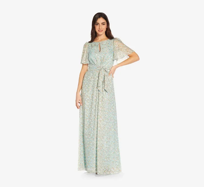 Adrianna Papell FloralPrint TieFront FitAndFlare Chiffon Long Gown In Skyway Skyway Women Floral Dresses Adrianna Papell FloralPrint TieFront FitAndFlare Chiffon Long Gown In Skyway Skyway Women Floral Dresses