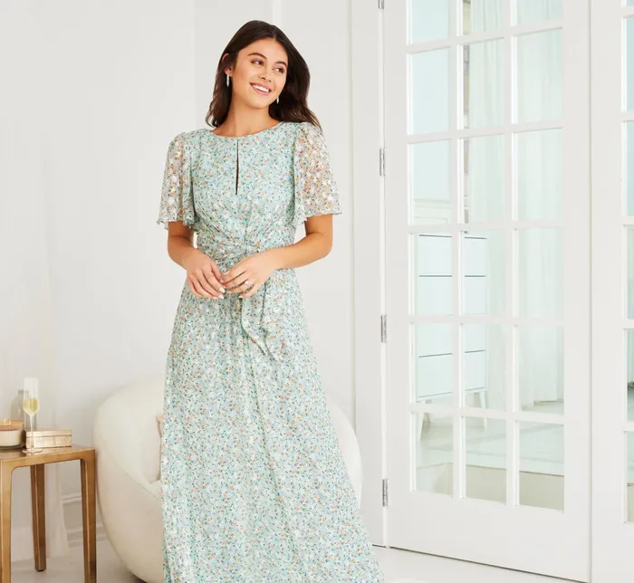 Adrianna Papell FloralPrint TieFront FitAndFlare Chiffon Long Gown In Skyway Skyway Women Floral Dresses Adrianna Papell FloralPrint TieFront FitAndFlare Chiffon Long Gown In Skyway Skyway Women Floral Dresses
