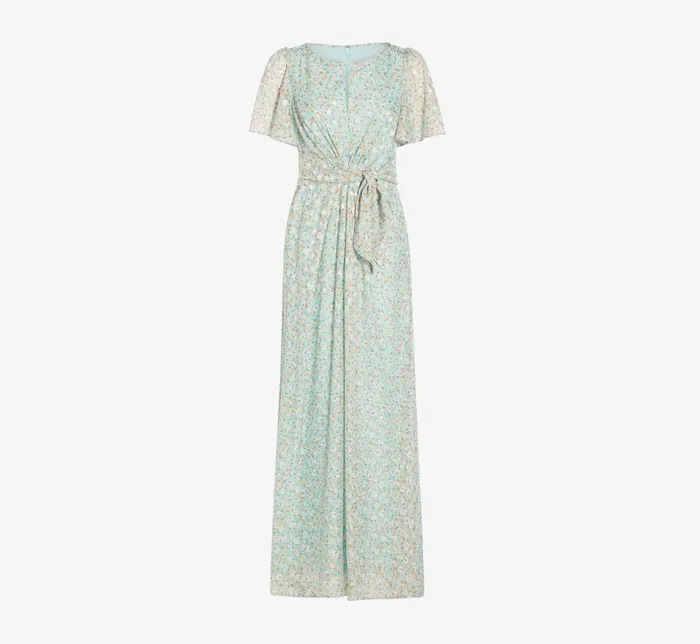 Adrianna Papell FloralPrint TieFront FitAndFlare Chiffon Long Gown In Skyway Skyway Women Floral Dresses Adrianna Papell FloralPrint TieFront FitAndFlare Chiffon Long Gown In Skyway Skyway Women Floral Dresses