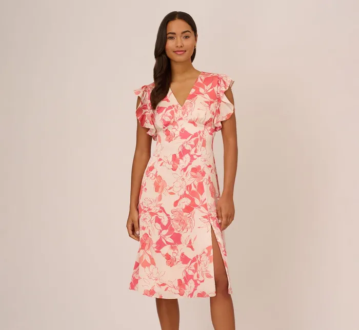 Adrianna Papell Floral Printed Midi Dress With Flutter Sleeves In Coral Ecru CoralEcru Women Floral Dresses Adrianna Papell Floral Printed Midi Dress With Flutter Sleeves In Coral Ecru CoralEcru Women Floral Dresses