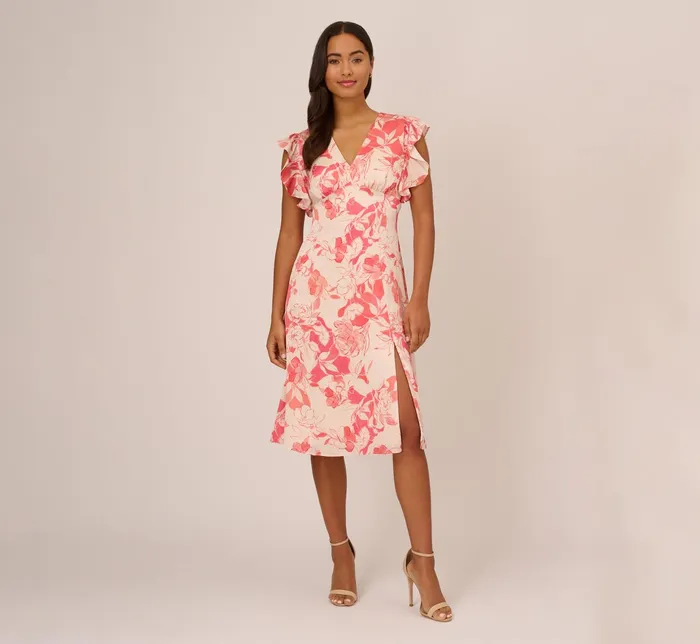 Adrianna Papell Floral Printed Midi Dress With Flutter Sleeves In Coral Ecru CoralEcru Women Floral Dresses Adrianna Papell Floral Printed Midi Dress With Flutter Sleeves In Coral Ecru CoralEcru Women Floral Dresses