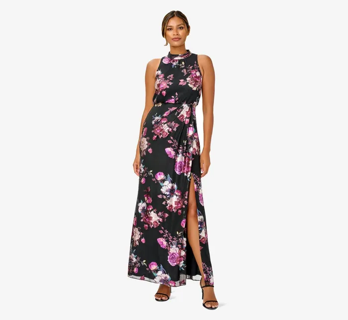 Adrianna Papell Foiled FloralPrint Mesh Long Halter Blouson Gown In Black Multi Black Multi Women Floral Dresses Adrianna Papell Foiled FloralPrint Mesh Long Halter Blouson Gown In Black Multi Black Multi Women Floral Dresses