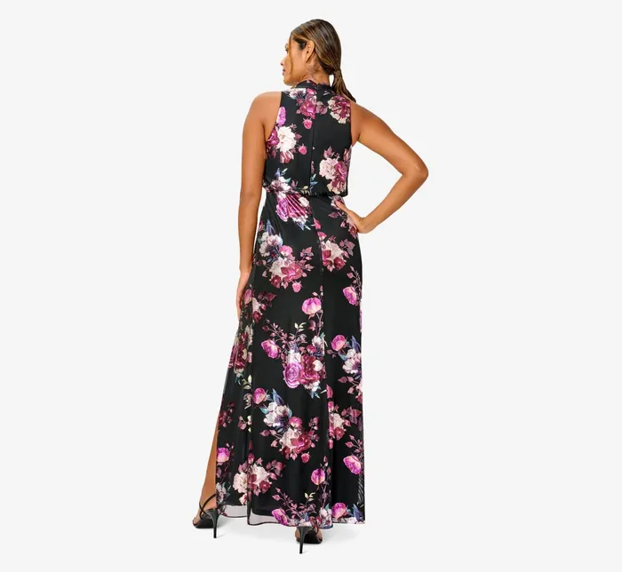 Adrianna Papell Foiled FloralPrint Mesh Long Halter Blouson Gown In Black Multi Black Multi Women Floral Dresses Adrianna Papell Foiled FloralPrint Mesh Long Halter Blouson Gown In Black Multi Black Multi Women Floral Dresses