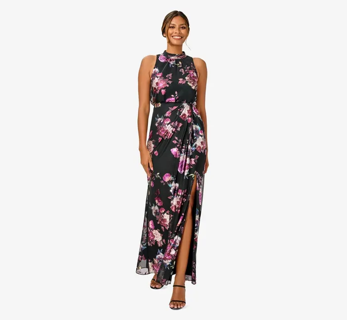 Adrianna Papell Foiled FloralPrint Mesh Long Halter Blouson Gown In Black Multi Black Multi Women Floral Dresses Adrianna Papell Foiled FloralPrint Mesh Long Halter Blouson Gown In Black Multi Black Multi Women Floral Dresses